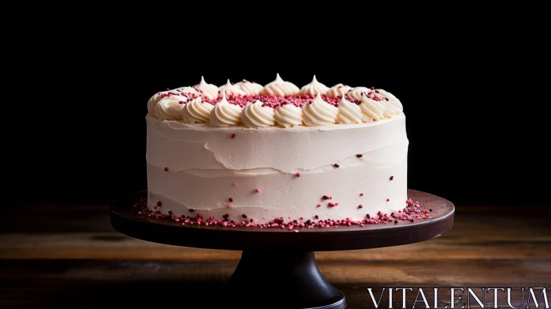 Delicious Cake with Pink Rosettes on Wooden Stand AI Image
