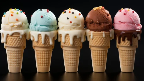 Delicious Ice Cream Cones: Colorful Desserts on Black Background