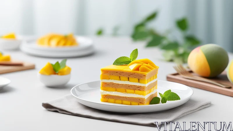 Delicious Mango Cake Dessert on White Plate AI Image