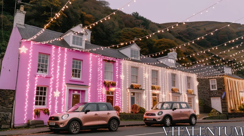 Enchanting Street Scene with Pink and White Houses AI Image