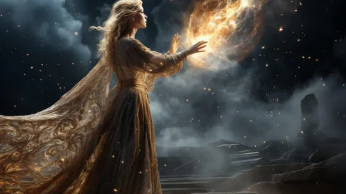 Enchanting Woman with Fireball on Stone Platform