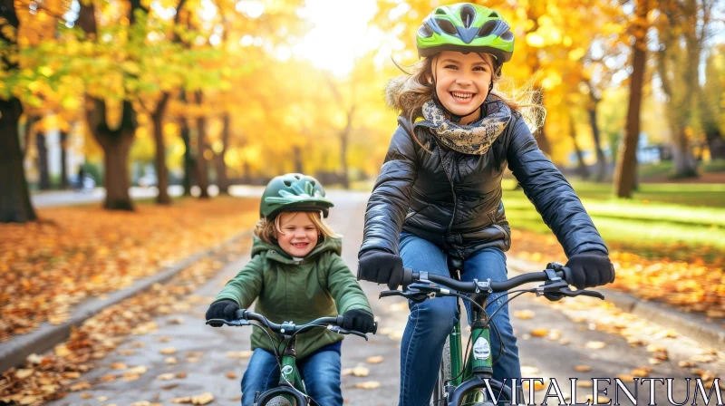 Joyful Children Riding Bicycles in Autumn Park AI Image