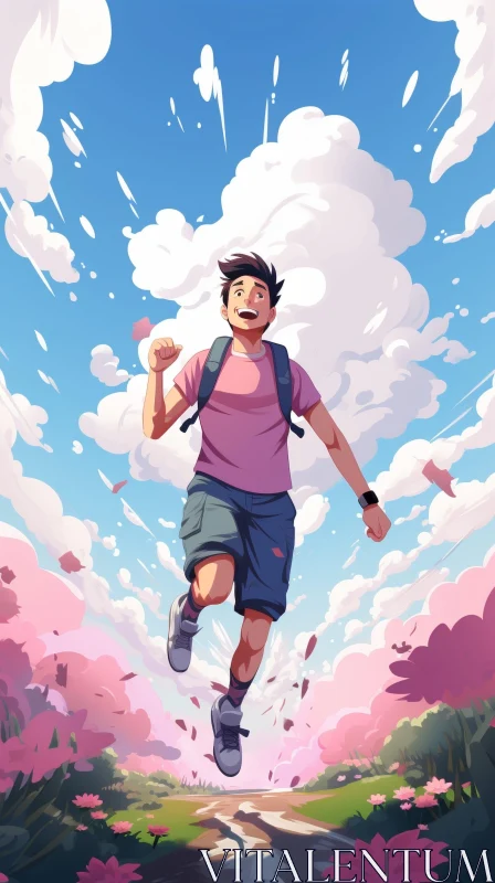 Joyful Young Man Running in Flower Field AI Image