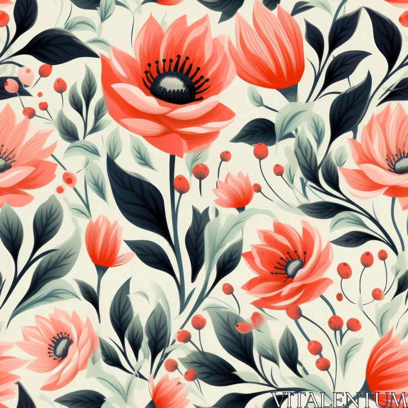 Light Beige Floral Pattern with Red and Pink Flowers AI Image