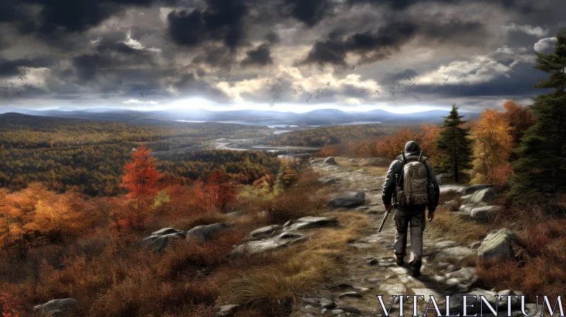 Man Standing on Autumn Hilltop - Mystery Landscape View AI Image