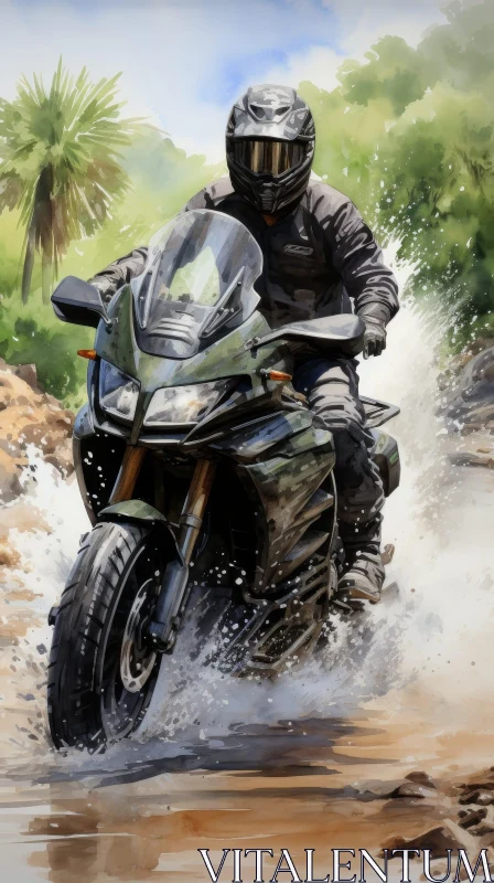 Motorcycle Rider Riding Through Water Splash AI Image