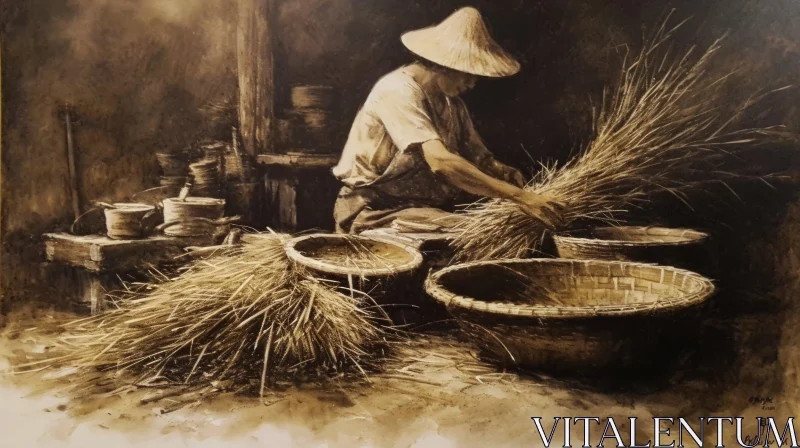 Painting of a Man Weaving a Straw Hat - Peaceful and Tranquil Art AI Image