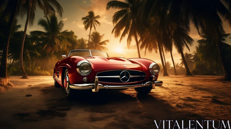 Red Mercedes-Benz 300 SL Roadster on Sandy Beach at Sunset AI Image