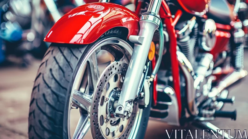 Red Motorcycle Front Wheel Close-Up AI Image