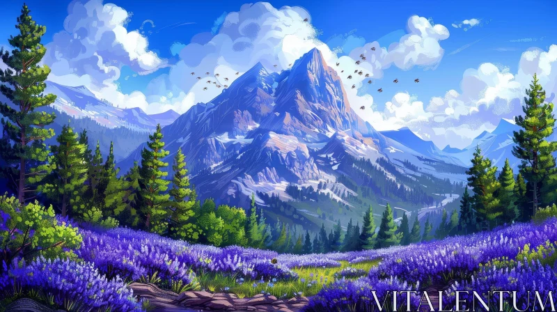 Serene Mountain Landscape with Purple Flowers AI Image