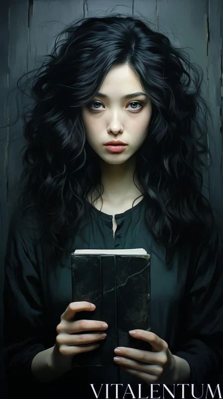 Serious Young Woman Portrait with Book AI Image