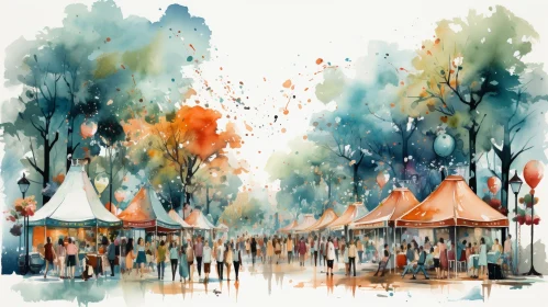 Street Market Watercolor Painting in Park