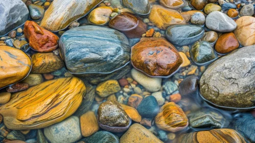 Tranquil Beauty: Multicolored Wet Stones in a Shallow River