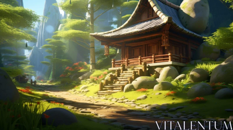 Tranquil Japanese-Style House in Enchanting Forest AI Image