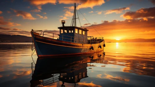 Tranquil Sunset: Fishing Boat in Calm Sea