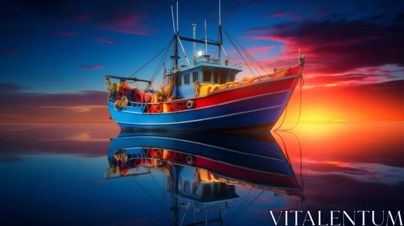 Tranquil Sunset Scene with Fishing Boat AI Image
