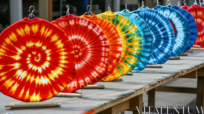 Vibrant Tie-Dye Shirts on Wooden Table - Fashion and Creativity AI Image