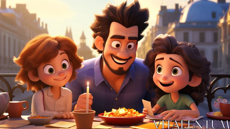 Cartoon Family Dining on Balcony | 3D Rendering AI Image