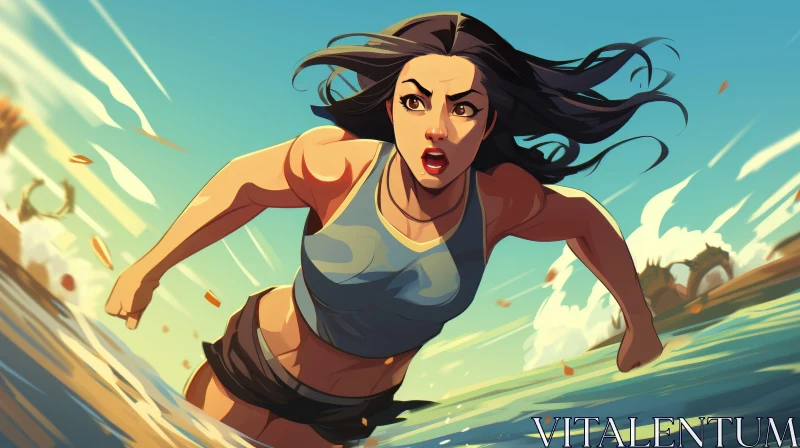 Cartoon Woman Running in Water AI Image