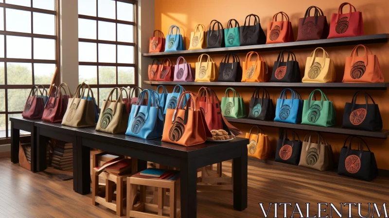 AI ART Chic Handbags and Tote Bags Displayed in Modern Boutique