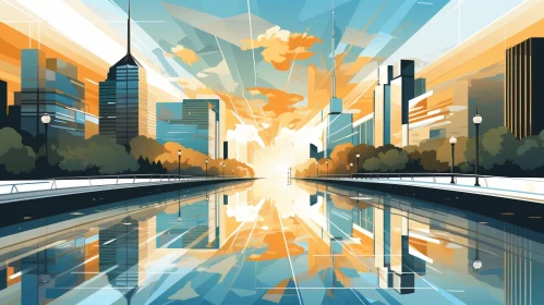 Cityscape Sunset Painting - Urban Skyscrapers and River View