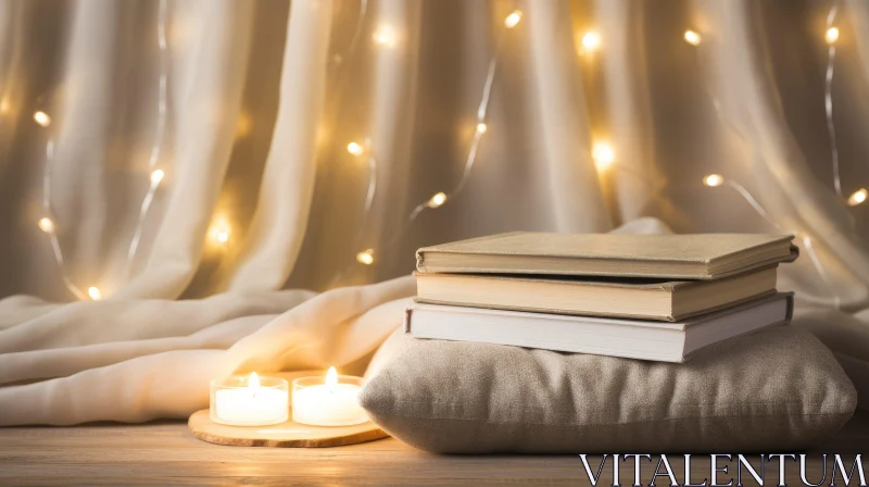 Cozy Home Reading Scene with Books and Candles AI Image