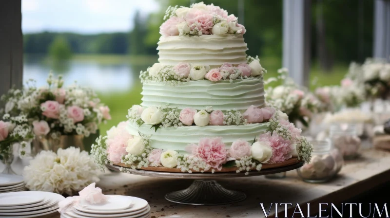 Elegant Wedding Cake with Pink and White Roses AI Image
