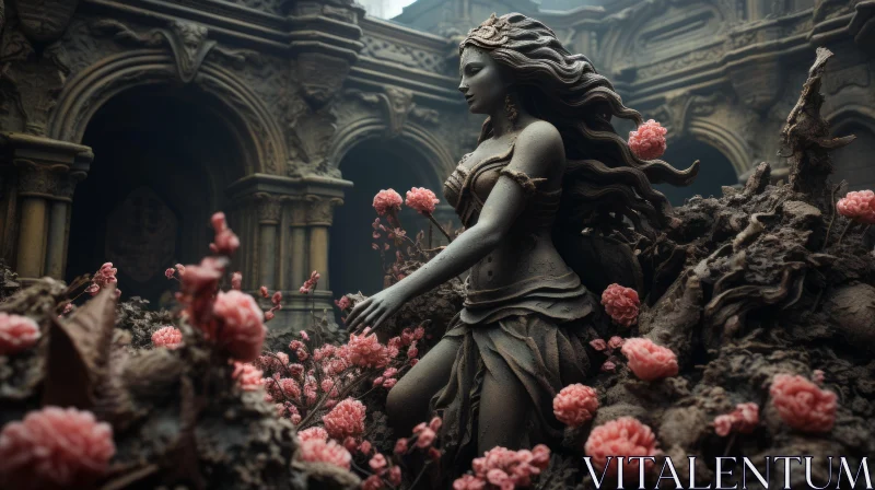 Enchanting Maiden Statue Amidst Blossoms in Fantastical Ruins AI Image