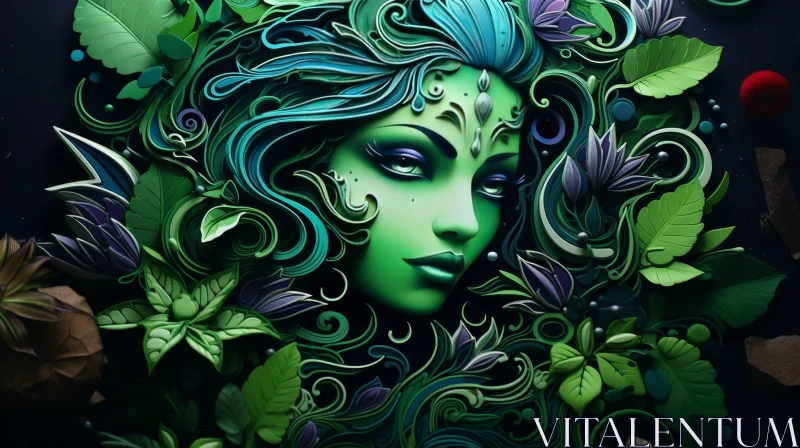 Enchanting Nature Spirit with Green Skin and Blue Hair AI Image