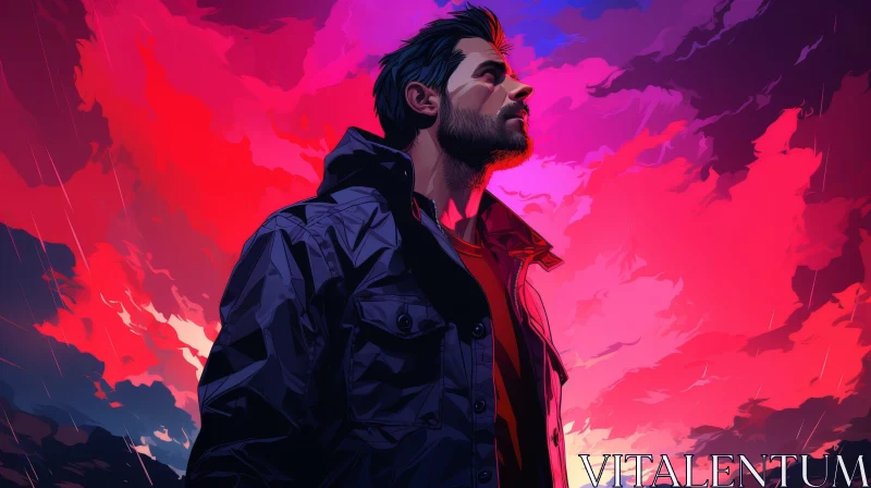 Man Looking Up at Vibrant Red Sky - Digital Painting AI Image