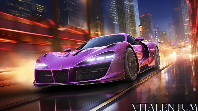 Night Drive: Purple Sports Car in Urban Landscape AI Image