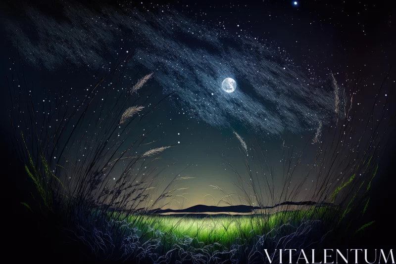 Serene Night Sky with Moon and Grass - Highly Detailed Artwork AI Image