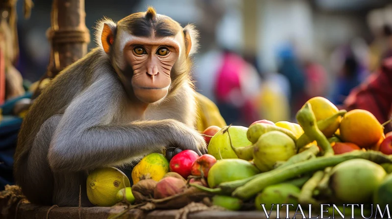 Serious Monkey Portrait with Fruits and Vegetables AI Image