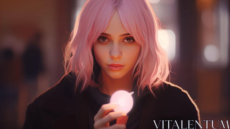Serious Pink-Haired Woman with Glowing Ball AI Image