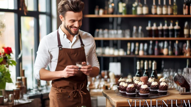 Smiling Barista with Cupcake in Coffee Shop AI Image