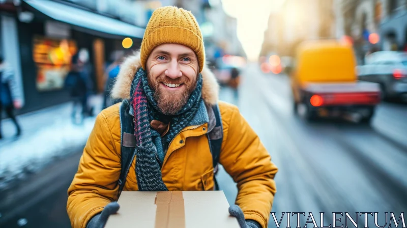 Smiling Young Man Carrying Cardboard Box on Snowy Street AI Image