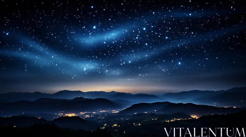 Starry Night Sky Over Mountain Town - Peaceful Landscape AI Image