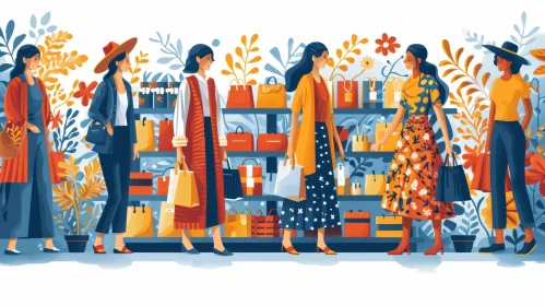 Vibrant Illustration of Diverse Women Shopping with Unique Styles