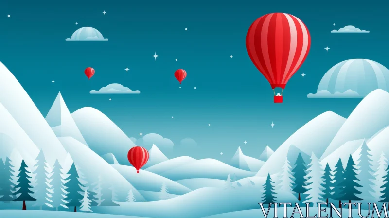 Winter Mountain Landscape with Hot Air Balloon AI Image
