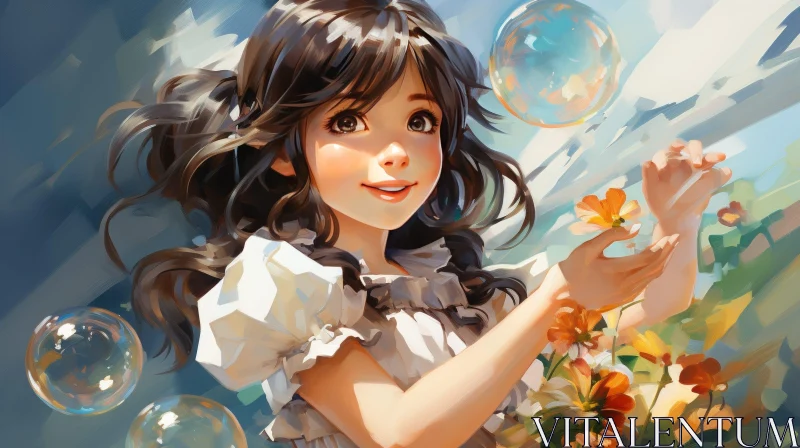 Young Girl in Flower Field Painting AI Image