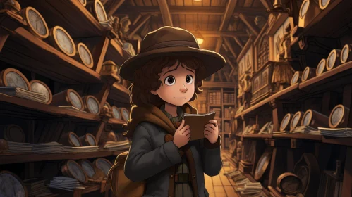 Young Girl in Library Cartoon Illustration