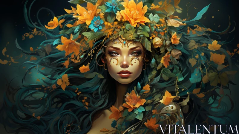 Beautiful Woman Portrait with Flower Crown AI Image
