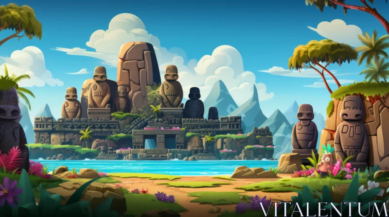Cartoon Island Landscape with Pre-Columbian Influence AI Image