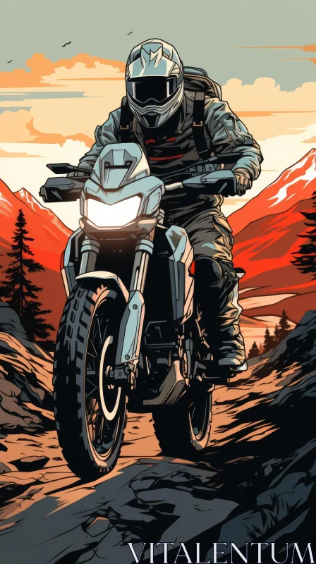 Cartoon Motorcyclist Riding on Dirt Road AI Image