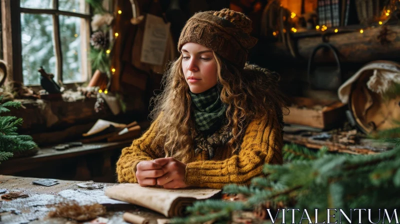 Cozy Cabin Scene: Young Woman Reading a Book AI Image