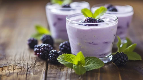 Delicious Blackberry Yogurt with Fresh Mint on Wooden Table