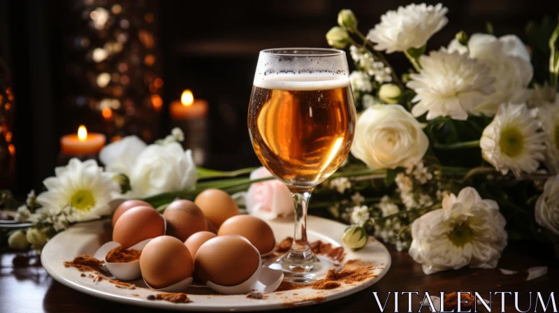 Easter Celebration: Floral Still Life with Drinks and Eggs AI Image
