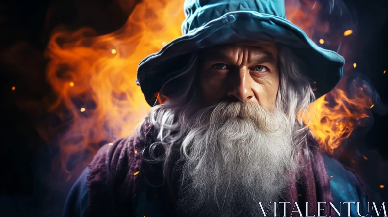 Enigmatic Wizard Portrait in Fiery Setting AI Image