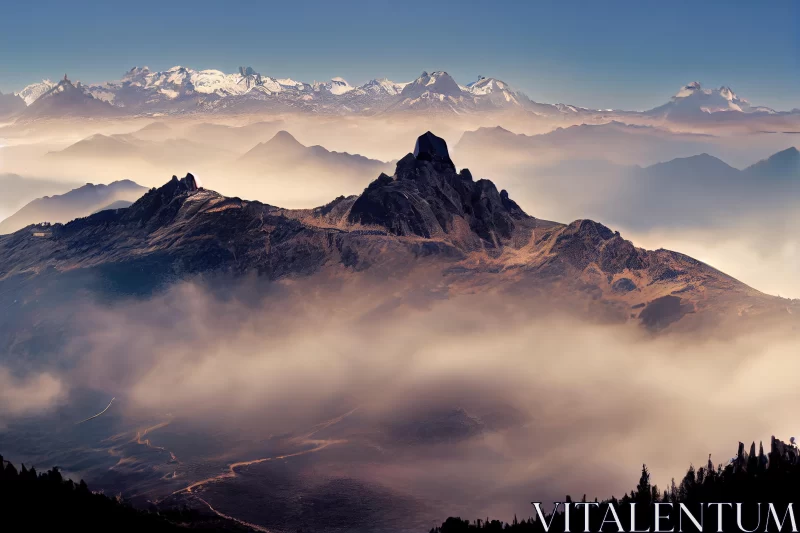 Majestic Mist-Covered Mountain: A Captivating Swiss Style Landscape AI Image