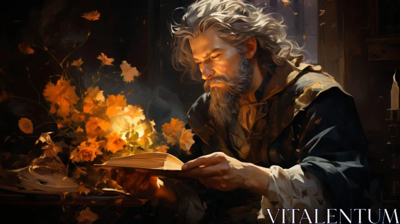 Man Reading Book by Candlelight - Artistic Painting AI Image
